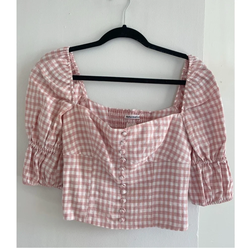 Reformation Norton Linen Top Blush Check - Picture 2 of 6